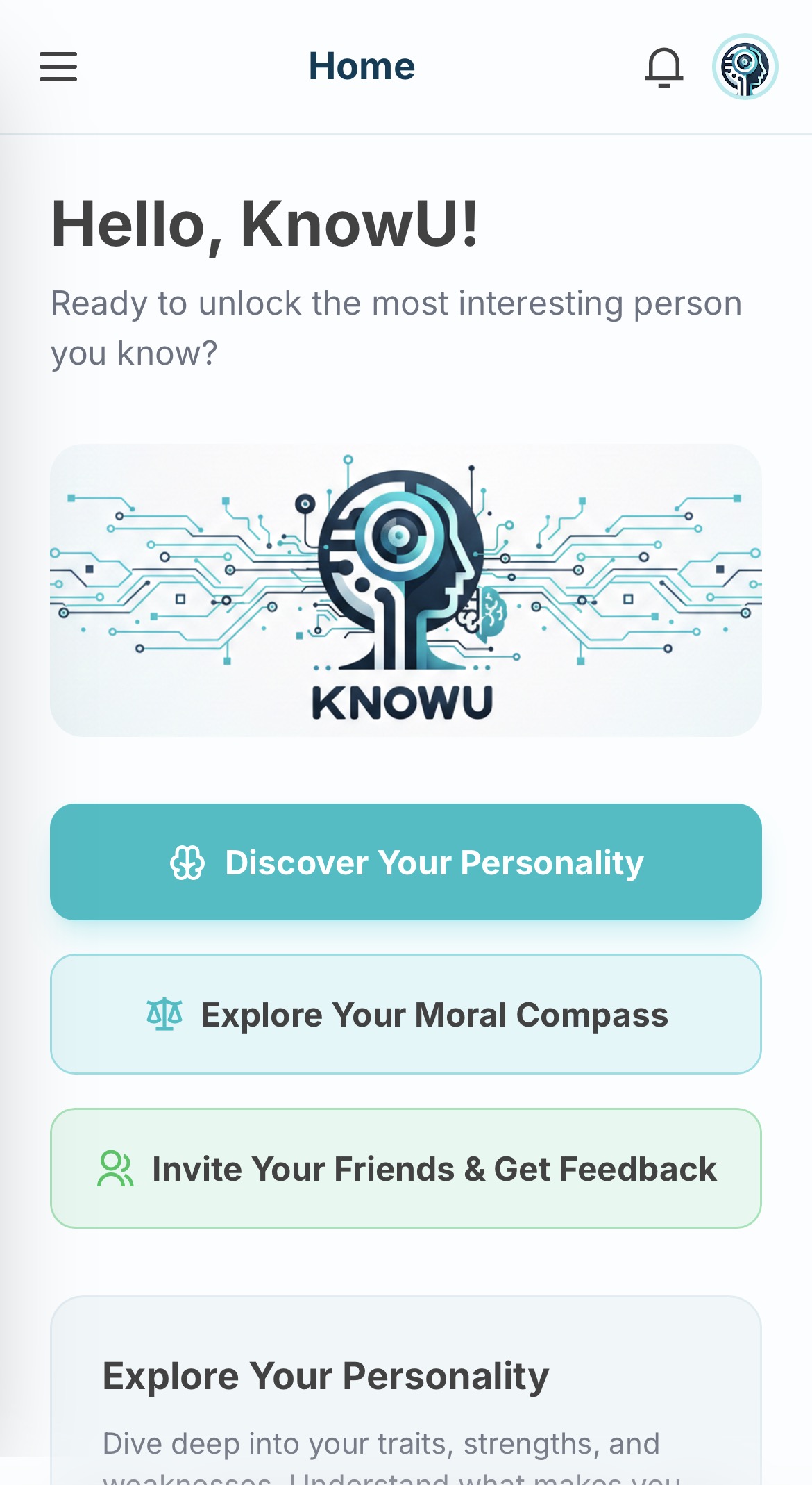 KnowU Home Screen